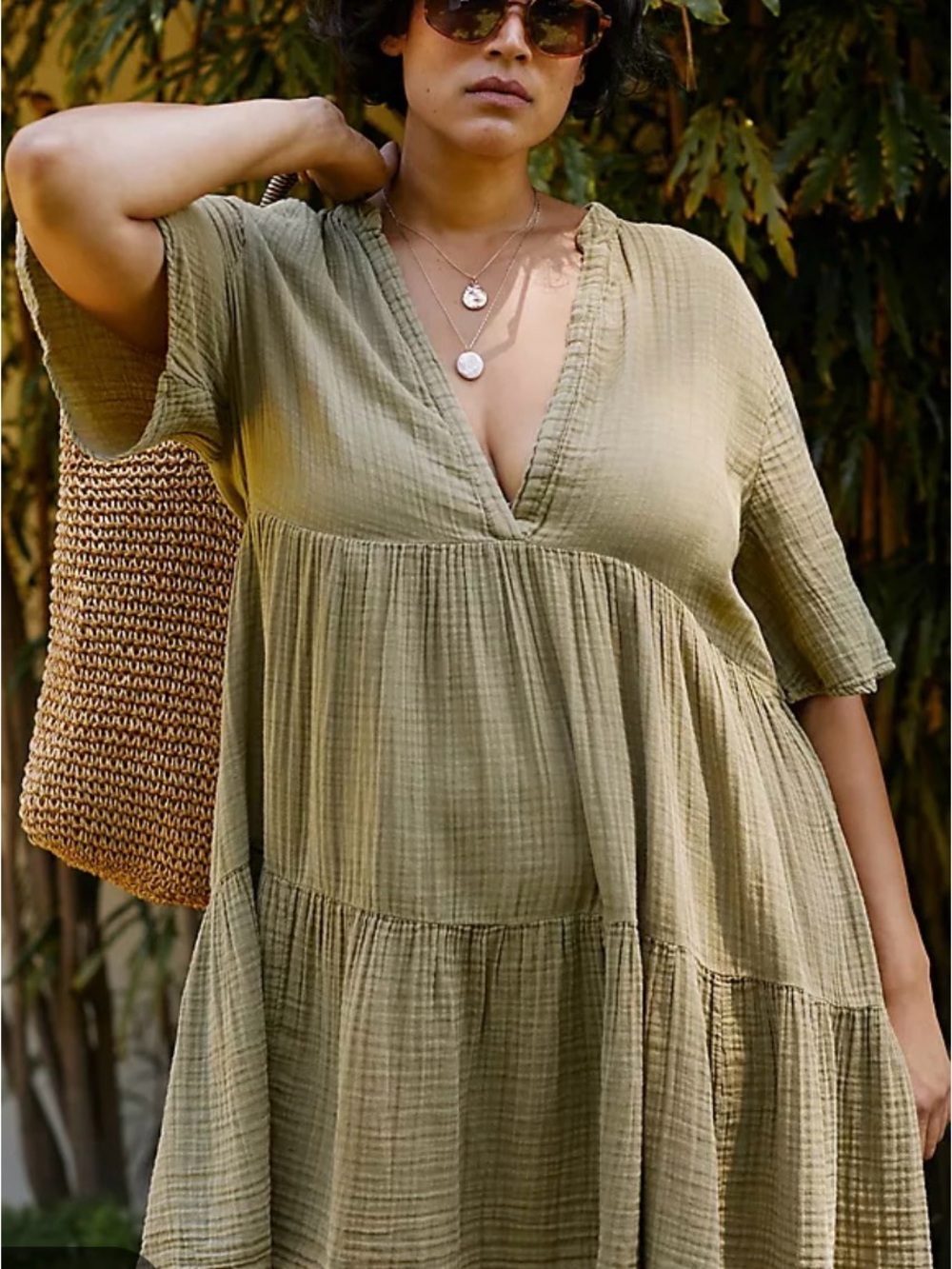 Anthropologie Kallie Flowy Olive V-Neck Tiered Dress